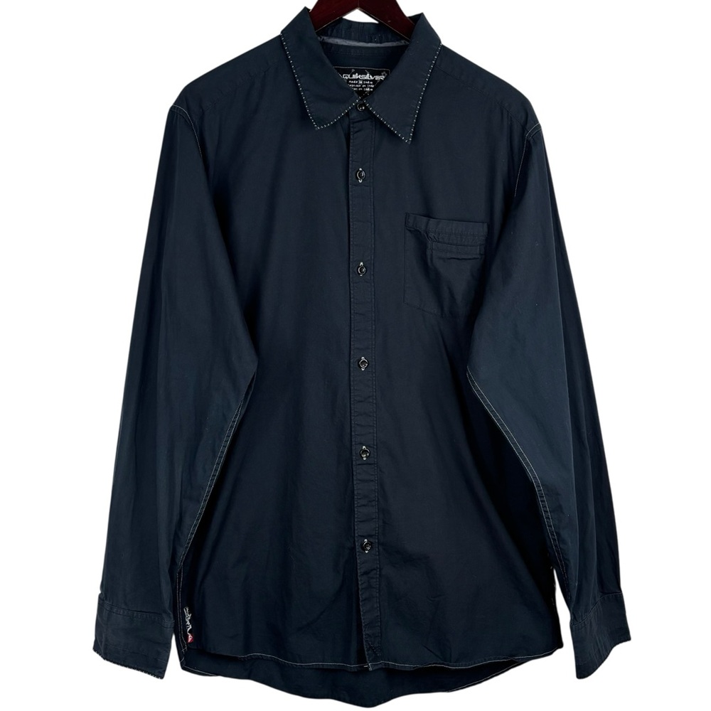 Quiksilver Black With White Stitching Long Sleeve Button Down Dress Shirt XL
